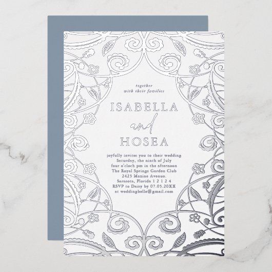 ダスティブルーシルバーフォイルフローラレース結婚ズ 箔招待状 (正面/裏面)
