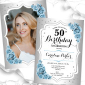 ダスティブルーシルバーフォトエレガント50誕生日 招待状