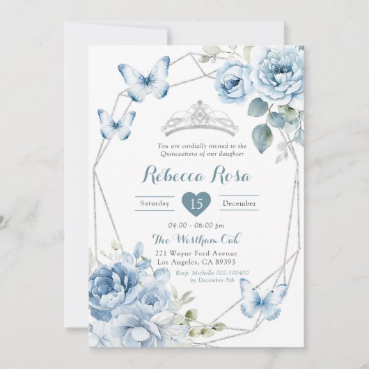 ダスティブルーシルバーフローラバタフライキンセアニラ 招待状 (正面)