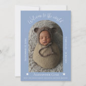 ダスティブルーシンプルアーチフレームフォト誕生 案内状 (正面)