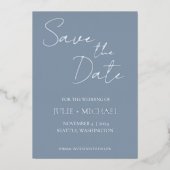 ダスティブルーシンプルスタイルウェディング日付を保存 箔招待状 (正面)