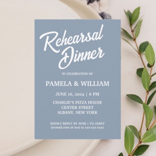 ダスティブルーシンプルスタイル結婚ズリハーサルディナー 招待状