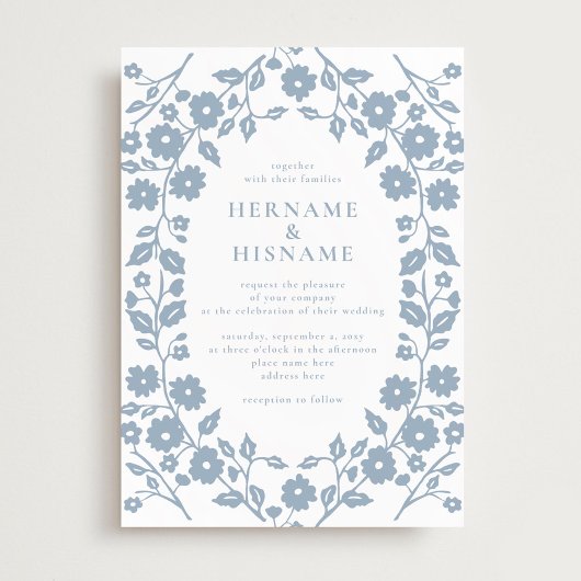 ダスティブルーシンプルフォークホワイトフローラ結婚ズ 招待状
