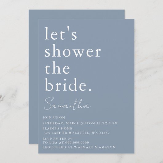 ダスティブルーシンプルブライダルシャワーエレガント 招待状 (正面/裏面)