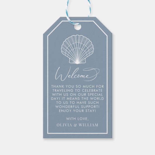 ダスティブルーシーシェルビーチエレガントウェディングウェルカム ギフトタグ (正面)