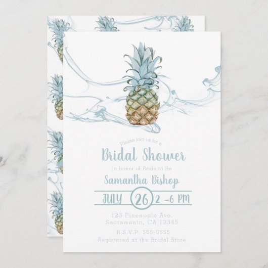 ダスティブルージューシーパイナップルサマーブライダルシャワー 招待状 (正面/裏面)