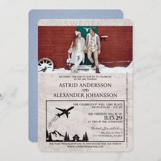 ダスティブルースウェーデンパスポート結婚式招待状 招待状 (正面/裏面)