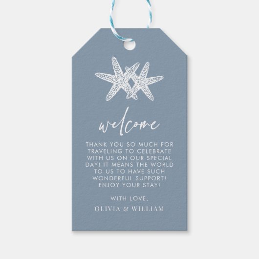 ダスティブルースターフィッシュビーチエレガントウェディングウェルカム ギフトタグ (正面)