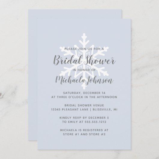 ダスティブルースノーフレークウィンターブライダルシャワー 招待状 (正面/裏面)