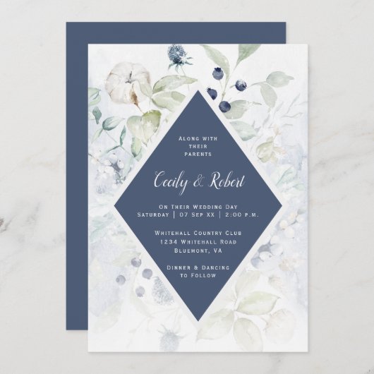 ダスティブルーセージ緑のフローラダイヤモンドフレーム結婚ズ 招待状 (正面/裏面)