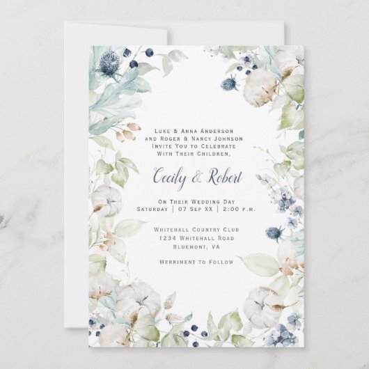 ダスティブルーセージ緑のフローラ雪結婚片 招待状 (正面)