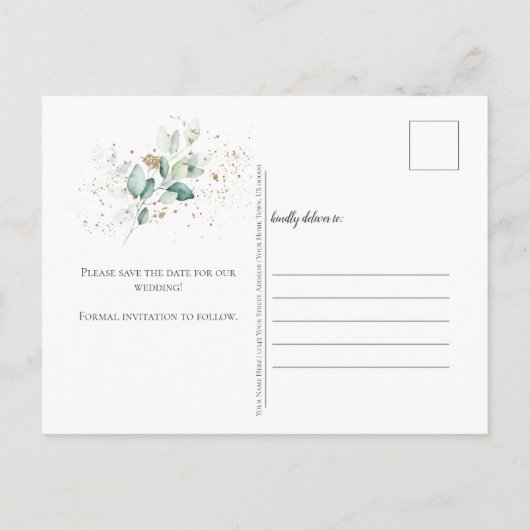 ダスティブルーセージ緑のユーカリ日付を保存 | 案内ポストカード (裏面)