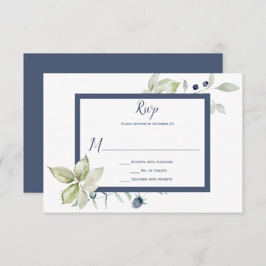 ダスティブルーセージ緑フレーム冬のフローラ 出欠カード (正面/裏面)