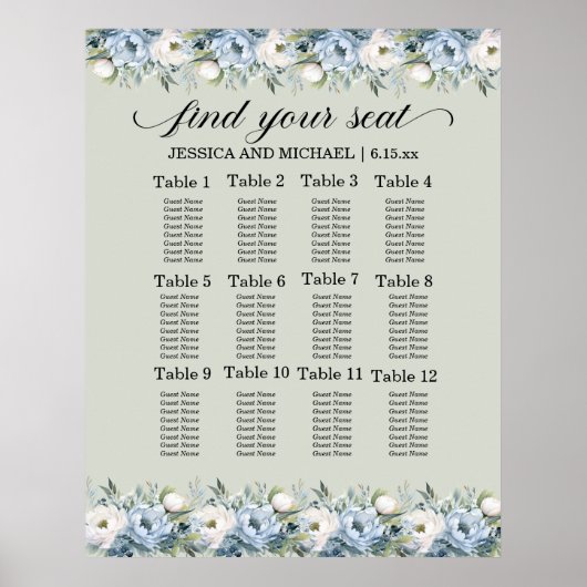 ダスティブルーセージ緑結婚のシーティングチャート ポスター (正面)