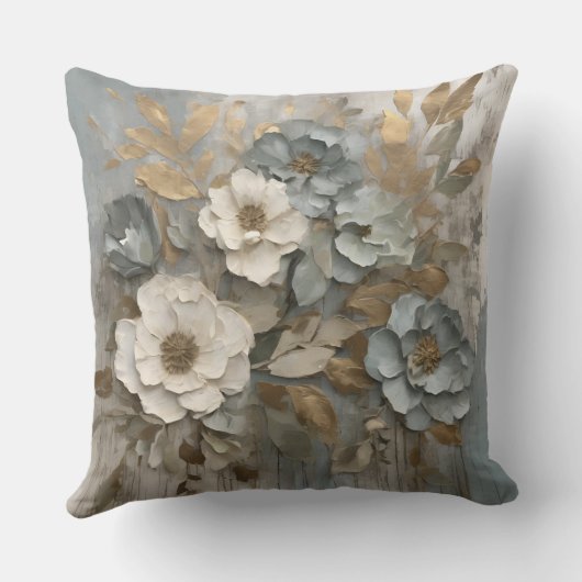 ダスティブルーセージ金ゴールドクリームファームハウスフローラ クッション (裏面)