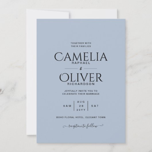 ダスティブルータイポグラフィのみ結婚式招待状 招待状 (正面)