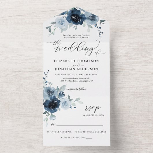 ダスティブルーダークネイビー結婚フローラ詳細RSVP オールインワン招待状 (内側)