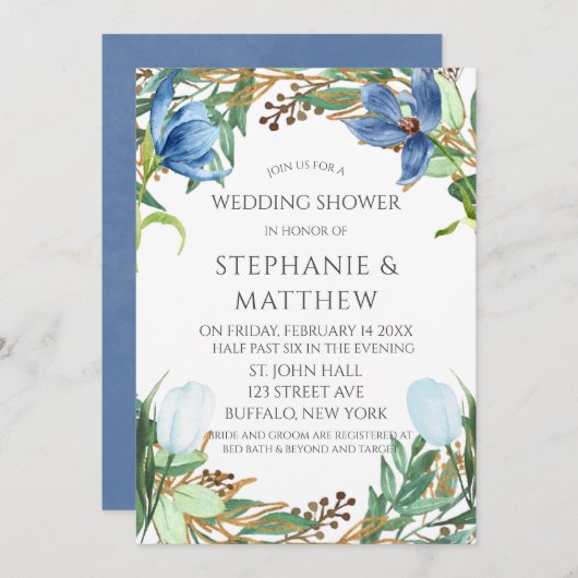 ダスティブルーチューリップウォーターカラー牡丹ウェディングシャワー 招待状 (正面/裏面)