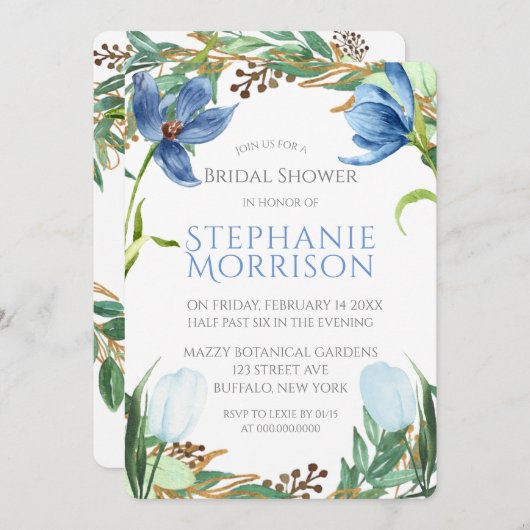 ダスティブルーチューリップ牡丹ブライダルシャワー招待状 招待状 (正面/裏面)