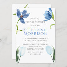 ダスティブルーチューリップ牡丹ブライダルシャワー招待状