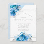 ダスティブルーティール(緑がかった色)シルバーピーニーウェディングシャワー 招待状 (正面/裏面)