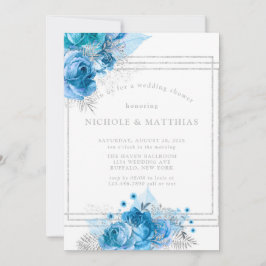 ダスティブルーティール（緑がかった色）シルバーピーニーウェディングシャワー 招待状