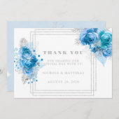 ダスティブルーティール(緑がかった色)シルバー牡丹サンキューカード 招待状 (正面/裏面)