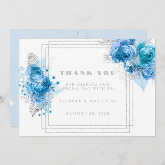 ダスティブルーティール(緑がかった色)シルバー牡丹サンキューカード 招待状 (正面/裏面)