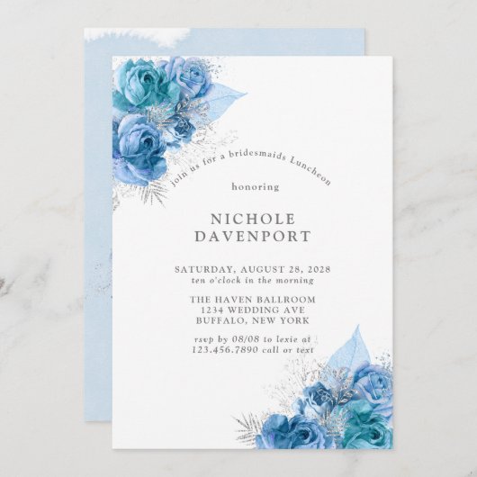 ダスティブルーティール(緑がかった色)シルバー牡丹ブリデスメイドランチョン 招待状 (正面/裏面)