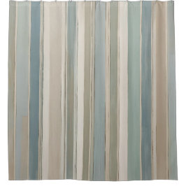 ダスティブルーティール（緑がかった色）セージベージュストライプ シャワーカーテン