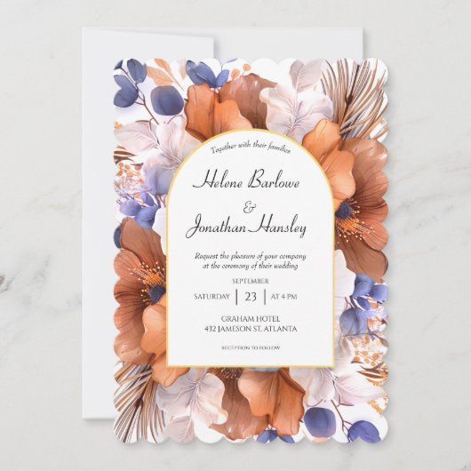 ダスティブルーテラコッタウォーターカラーエレガントな結婚式 招待状 (正面)