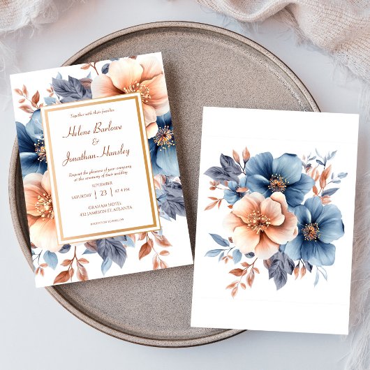 ダスティブルーテラコッタウォーターカラーエレガントな結婚式 招待状