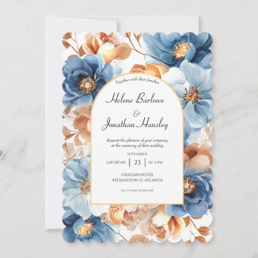 ダスティブルーテラコッタサビエレガントフローラ結婚ズ 招待状 (正面)