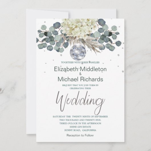 ダスティブルーディスコボールエレガントな結婚式 招待状 (正面)