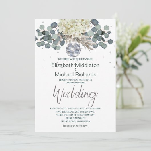 ダスティブルーディスコボールエレガントな結婚式 招待状 (スタンド正面)