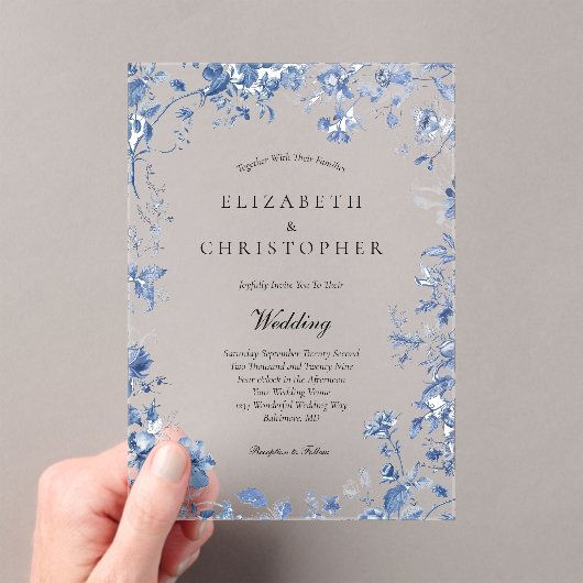 ダスティブルートイレフローラウォーターカラーエレガントな結婚式 アクリル招待状 (インサイチュ (ポータブル))
