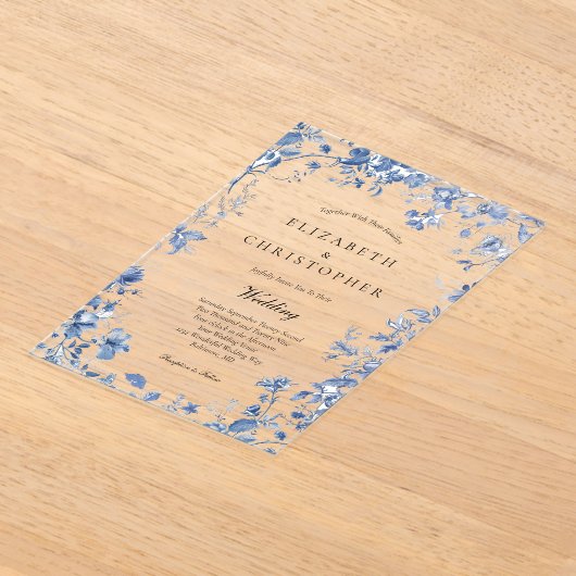 ダスティブルートイレフローラウォーターカラーエレガントな結婚式 アクリル招待状 (レイダウン)