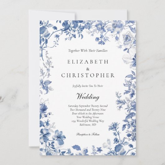 ダスティブルートイレフローラウォーターカラーエレガントな結婚式 招待状 (正面)