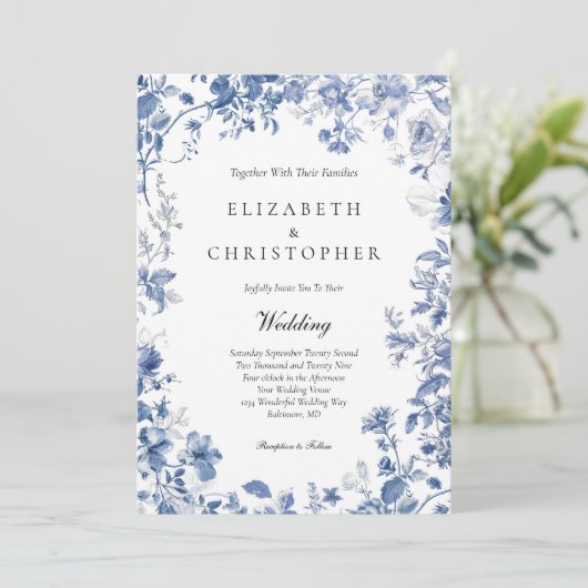 ダスティブルートイレフローラウォーターカラーエレガントな結婚式 招待状 (スタンド正面)