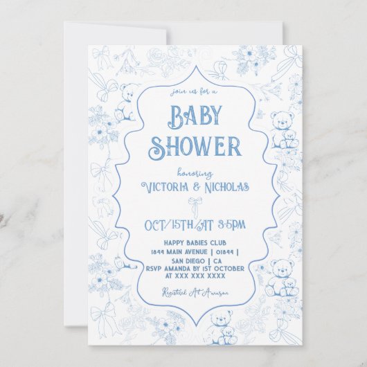 ダスティブルートイレベアヴィンテージ男の赤ちゃんシャワー 招待状 (正面)