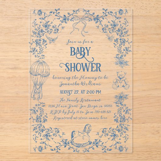 ダスティブルートワールフローラボウ男の赤ちゃんシャワー アクリル招待状 (正面)