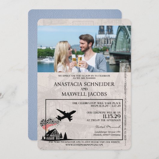 ダスティブルードイツパスポート結婚式招待状 招待状 (正面/裏面)