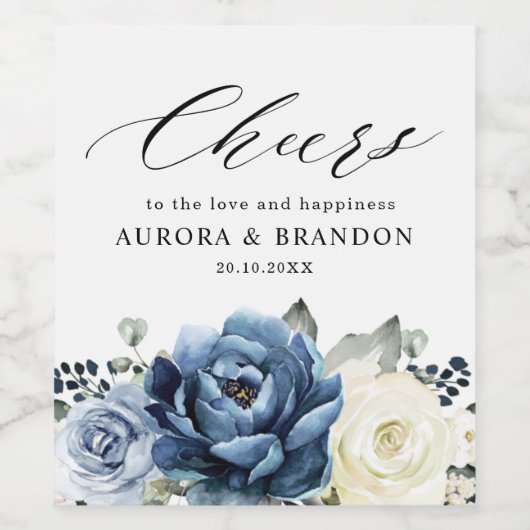 ダスティブルーネイビーきらめくワインアイボリーフローラウェディン ワインラベル (シングルラベル)