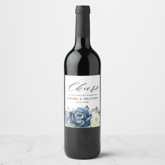 ダスティブルーネイビーきらめくワインアイボリーフローラウェディン ワインラベル (正面)