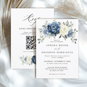 ダスティブルーネイビーアイボリーフローラボホ結婚のQRコード 招待状
