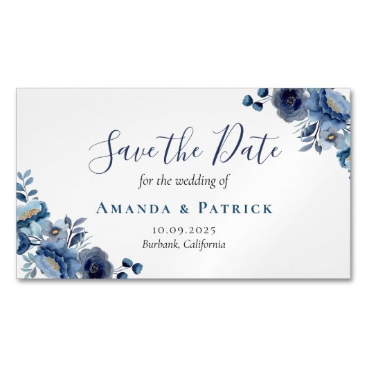 ダスティブルーネイビーアイボリーフローラ結婚式の日付を保存 マグネット名刺 (正面)