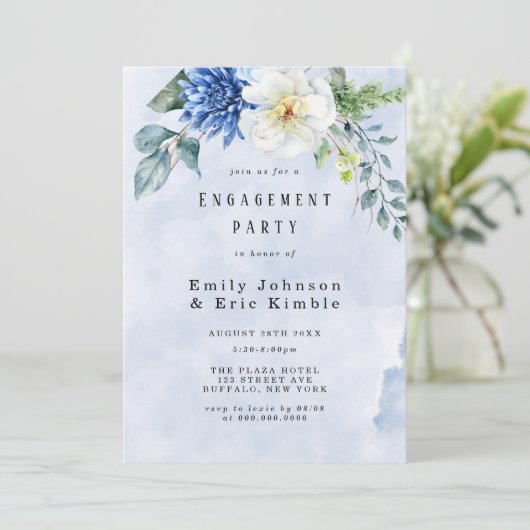 ダスティブルーネイビーウォーターカラーフローラ婚約パーティ 招待状 (スタンド正面)