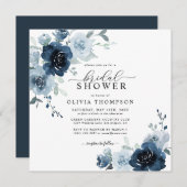 ダスティブルーネイビーエレガントボタニカルブライダルシャワー 招待状 (正面/裏面)