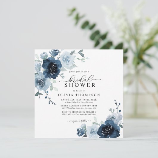 ダスティブルーネイビーエレガントボタニカルブライダルシャワー 招待状 (スタンド正面)