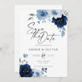 ダスティブルーネイビーエレガントライトフローラ保存日 招待状 (正面/裏面)